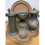 A collection of metalware items to include eastern trays a pewter flask etc.