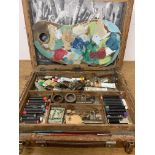 A vintage artists box with contents. W:39cm x D:30cm x H:7cm