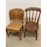 An arts and crafts stools and a wicker conservatory chair W:38cm x D:38cm x H:83cm