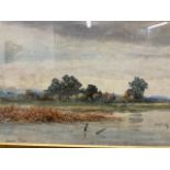 Sandie Hinds watercolour of a waterway with farmstead in the middle ground. Images W:39cm x D:cm x