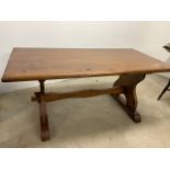 Rustic Spanish style pine dining table with 2 Edwardian inlaid chairs W:180cm x D:90cm x H:78cm