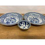 Three piece of blue and white oriental china, two plates and a tea bowl. W:25.5cm x D:25.5cm x H: