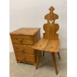 A hardwood spinning chair with a pine chest of drawers. Chair.W:35cm x D:47cm x H:92cm W:42cm x D: