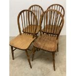 Four mid century pine stick back chairs. W:36.5cm x D:38.5cm x H:88cm