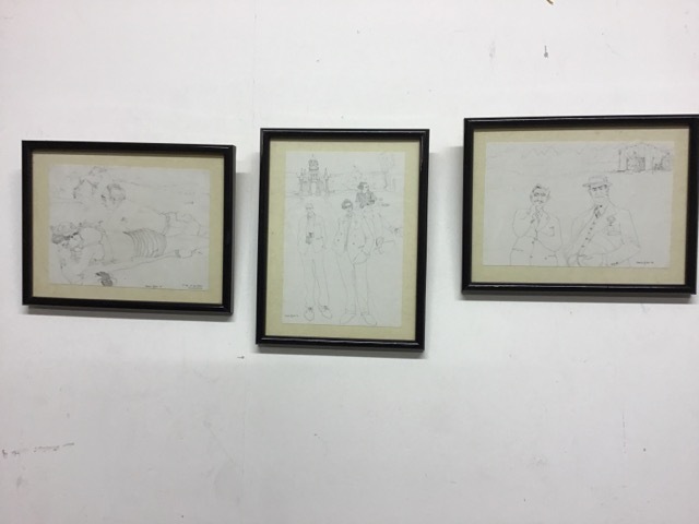 Debbie Ryder. Three pencil on paper caricatures of well dressed gentlemen. In glazed frames. 20cm