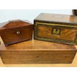 A small Victorian tea caddy with key also an inlaid brass writing slope and a large oak canteen box.