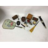 A collection of mixed collectibles to include vintage boxes, hand painted fan, shoe horn, pin holder