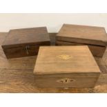 An oak sewing box with contents, an inlaid box and a writing slope (a.f)