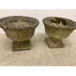 A pair of circular concrete planters on plinths W:40cm x D:40cm x H:32cm