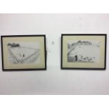 Debbie Ryder. Two pencil on paper caricatures of gentlemen playing bowls in glazed frames. Framed