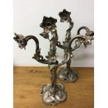 A a pair of white metal three branch Art Nouveau table lamps in the style of WMF or Kayserzinn. H: