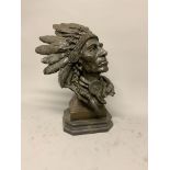 A modern bronze model of a Native American chief on stepped base. 42cm(h)