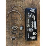 Selection of Diamante and marquisate jewellery including an Edwardian silver buckle