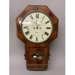 A mid 19th Century mahogany drop head wall clock, the white painted wooden dial signed Hancock and