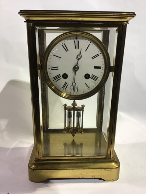 French gilt bronze/ormolu four bevelled glass mantel clock movement stamped Japy Freres &Coâ€™ Gde