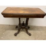 A 19th Century walnut veneered inlaid card table with birdcage pedestal legs. W:90cm x D:46cm x