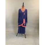 1920s silk, blue and salmon pink block day dress