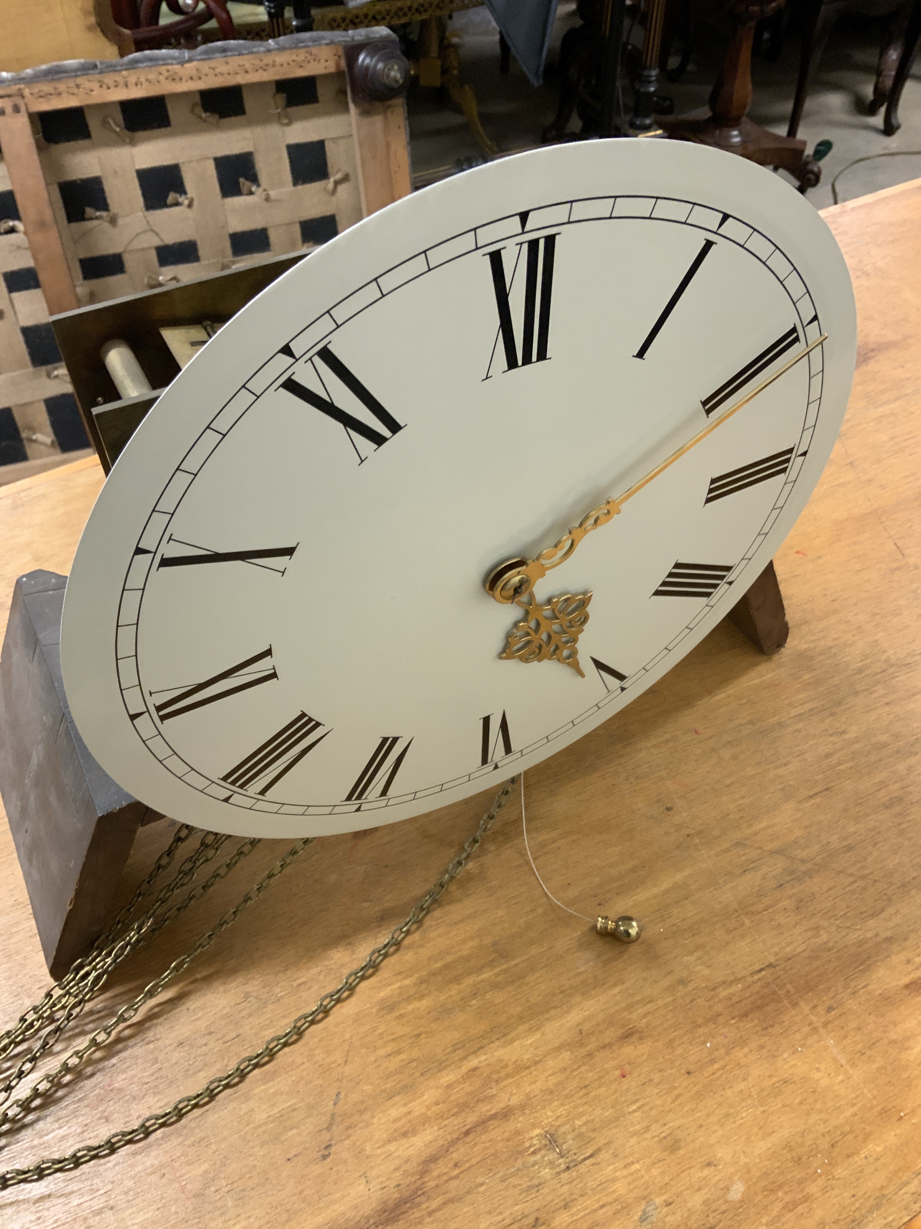 A large 20th century oak longcase clock, the case with arched glazed door. Triple weight chiming - Image 8 of 8