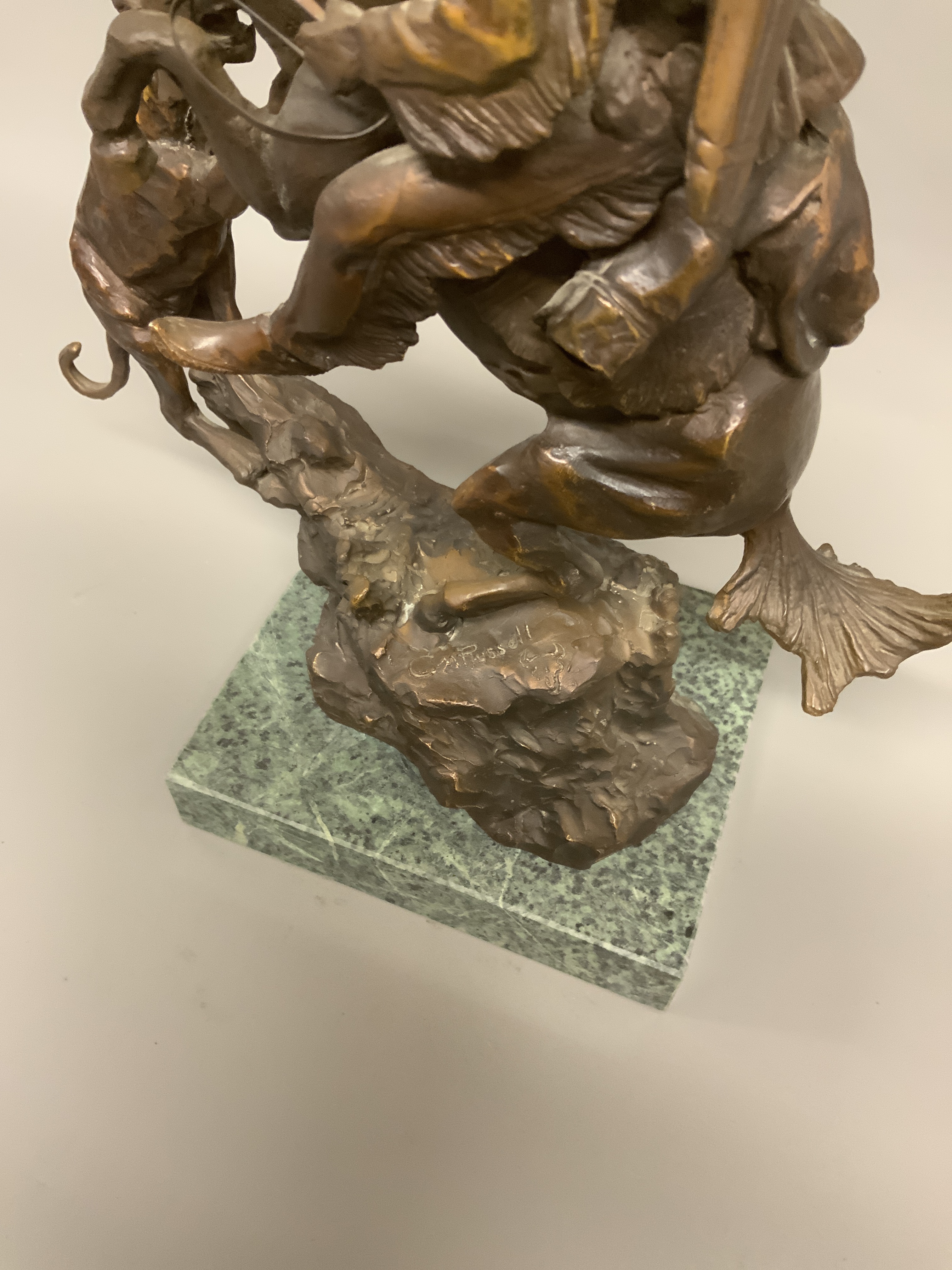AFTER CHARLES MARION RUSSELL (1864-1926), a bronze model of a cowboy attacking a panther on - Image 3 of 4