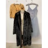 A 1950s Faux Fur swing coat together with a 1960s lace & beaded cocktail suit and a 1930s tuile