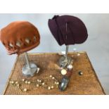 1930s velvet hat and another 1930s hat with matching hatpins together with a Victorian silver