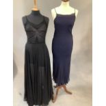 1930s navy silk chiffon bias cut dress with spaghetti straps together with a 1930s silk chiffon gown