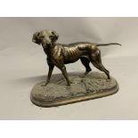 A bronze model of a hunting dog on naturalistic bronze base signed PJ Mene. W:30cm x D:13cm x H: