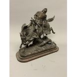 A Bronze figure of a knight on horseback on wooden base. 33cm(h)