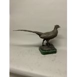 A bronze model of a cock pheasant after Antoine Louis Bayre on green marble base. W:53cm x D: