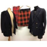 Two blazers with brass buttons, a kilt and a pair of checked trousers 34 waist