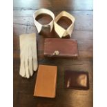 1940s doeskin gents gloves together with 2 shirt collars and studs and 3 leather wallets