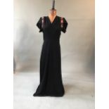 1940s crepe evening gown with sequin and bead floral detailing and velvet belt. Underarm measurement