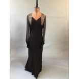 1930s slinky silk crepe lace gown with chiffon kidney shaped sleeves and a cowl lace back