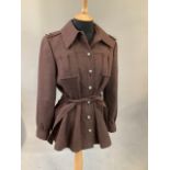 1960s wool ladies military style belted jacket by Selfridges with brass gold metal buttons.
