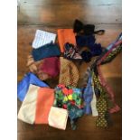 Selection of silk pocket squares together with a selection of silk bowties and velvet bowties