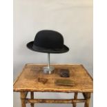 1930s leather studs & box, 1930s Bakelite folding glass frames together with a bowler hat by Lincoln