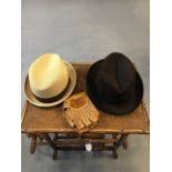 1940s homburg hat and a Vintage straw hat by Stetson together with Pigskin leather and wool