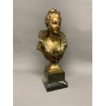 A bronze bust of a young female, wearing lace collar, French, 20th century. The rear signed