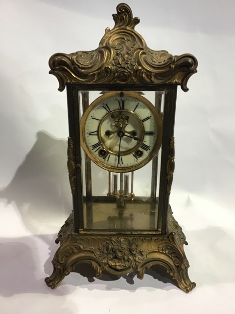 French gilt bronze/ormolu four bevelled glass mantel clock, French movement with visible
