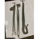 Three sterling silver curb link Albert chains with sterling silver fobs. 7.5ozt.