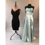 1950s strapless couture silk brocade gown with floating panels size 18 and black crepe ruched