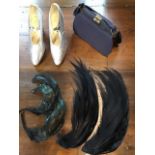 2 sets of vintage decorative feather together with 1920s silver leather dancing shoes size 5 Â½