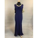 1930s cobalt blue silk crepe & lame evening gown with fishtail.