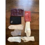 Collection of vintage clutch bags 1930s and gloves. Including gloves from Dickens and Jones and