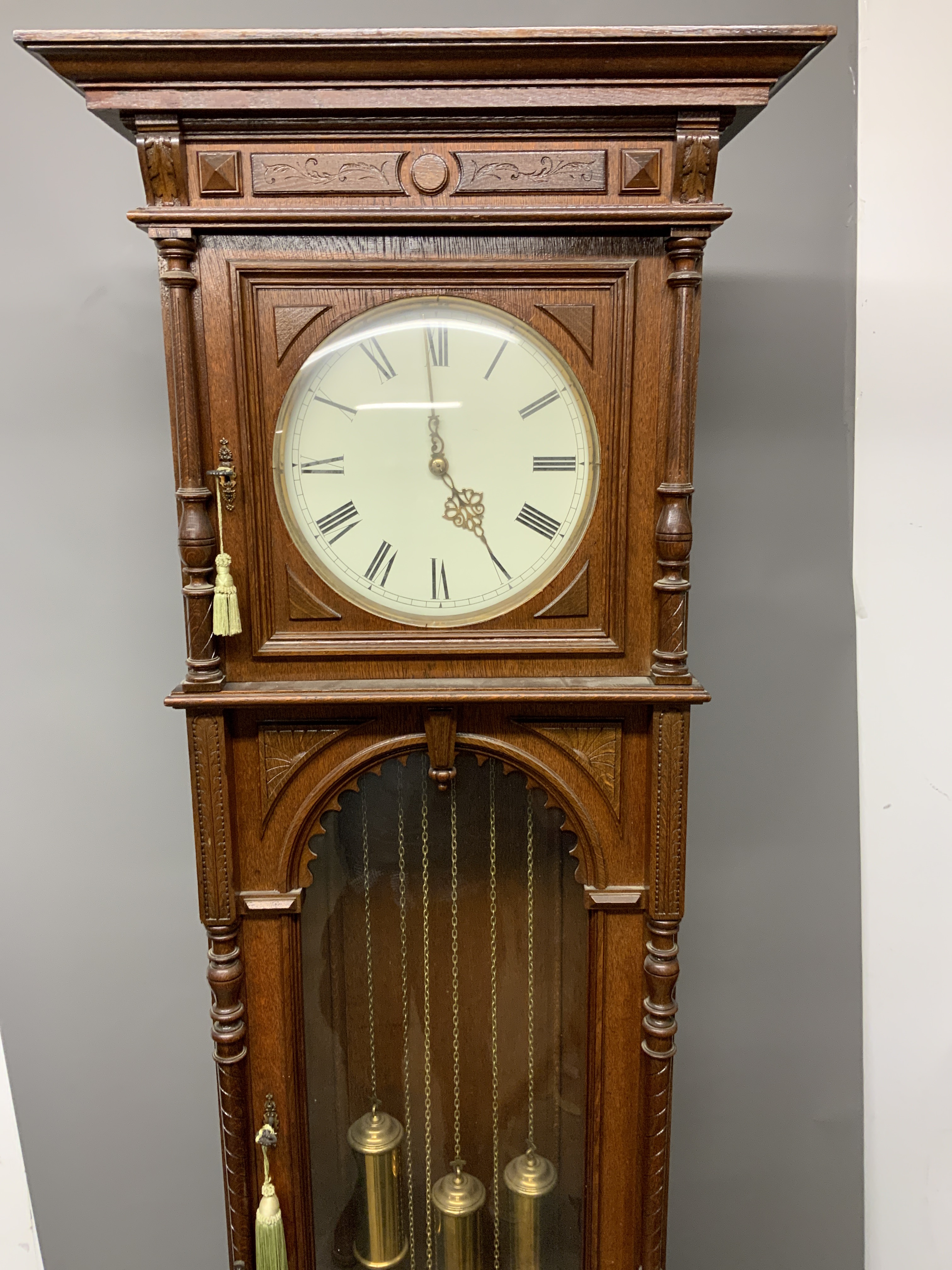 A large 20th century oak longcase clock, the case with arched glazed door. Triple weight chiming - Image 2 of 8