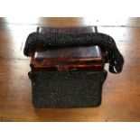 1930s beaded box bag with hinged Bakelite top.mirror inside lid.