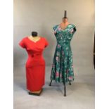1950s ribbed sheath dress size 36 together with a 1950s printed taffeta and by the petite dress