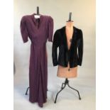 1930s panne embossed velvet jacket with puffed sleeves together with a silk embossed long gown