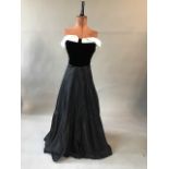 1940s velvet and taffeta strapless boned ball gown. Waist measurement 24"