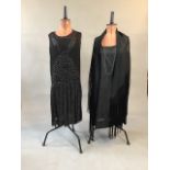 1920s silk slip together with a 1920s silk piano shawl and a 1920s beaded silk chiffon flapper dress